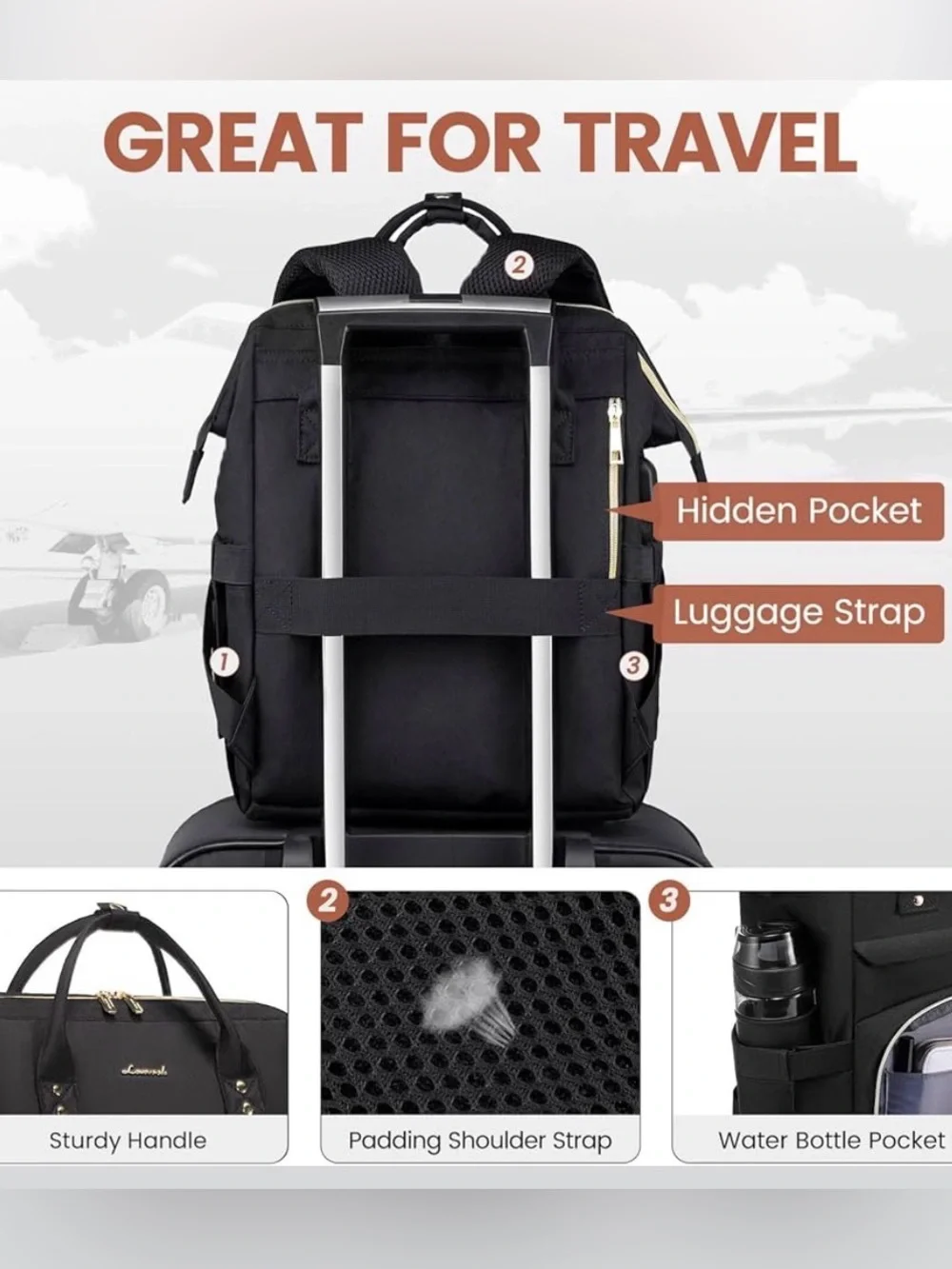 NWT. LOVEVOOK Black Women's Backpack Tote with USB Charging Port